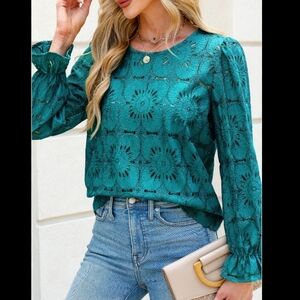 Eyelet Puff Sleeve Blouse Dark Teal